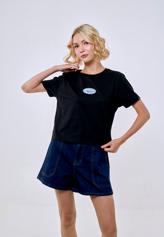 Mossimo Women's Black Felt Patch Logo Classic Cropped  Fit Tee