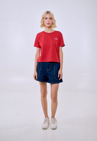 Mossimo Women's Cranberry Metallic Logo Classic Cropped Fit Tee