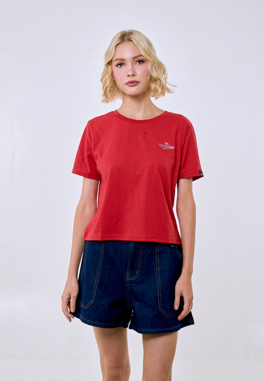 Mossimo Women's Cranberry Metallic Logo Classic Cropped Fit Tee