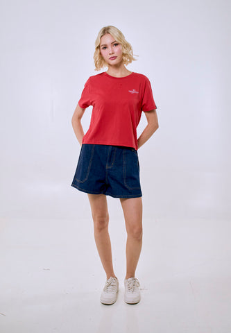 Mossimo Women's Cranberry Metallic Logo Classic Cropped Fit Tee