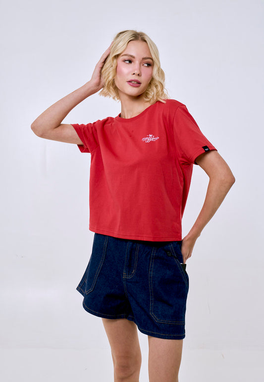 Mossimo Women's Cranberry Metallic Logo Classic Cropped Fit Tee