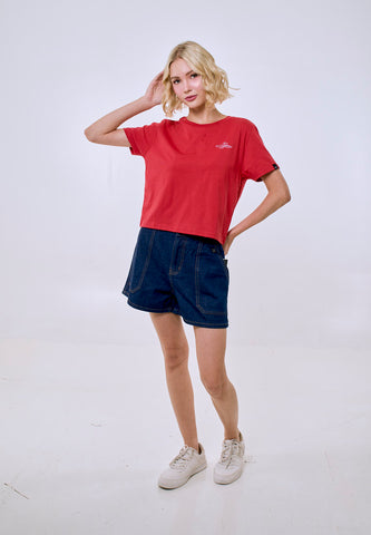 Mossimo Women's Cranberry Metallic Logo Classic Cropped Fit Tee