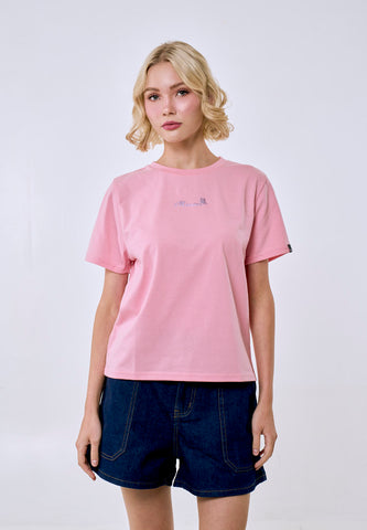 Mossimo Women's Crepe Pink Metallic Logo Classic Fit Tee