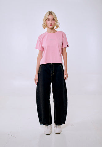 Mossimo Women's Crepe Pink Pearl Studs Logo Classic Cropped Fit Tee
