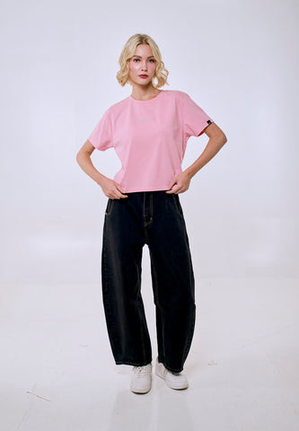 Mossimo Women's Crepe Pink Pearl Studs Logo Classic Cropped Fit Tee