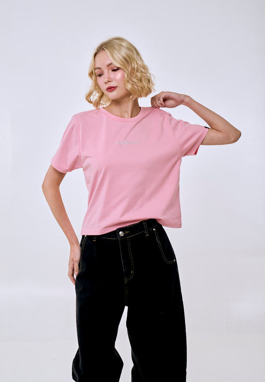 Mossimo Women's Crepe Pink Pearl Studs Logo Classic Cropped Fit Tee