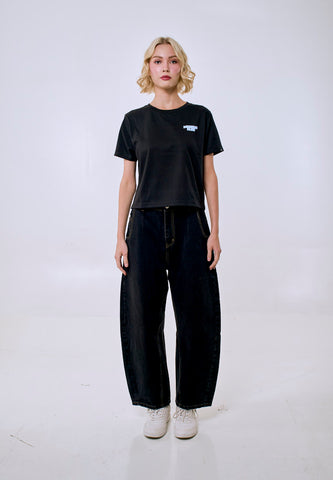Mossimo Women's Black Puff Logo Classic Cropped Fit Tee