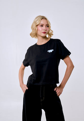 Mossimo Women's Black Puff Logo Classic Cropped Fit Tee