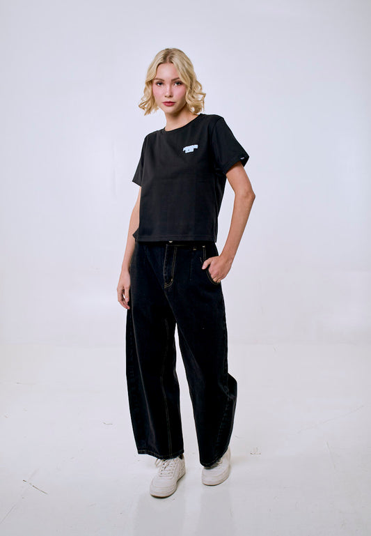 Mossimo Women's Black Puff Logo Classic Cropped Fit Tee