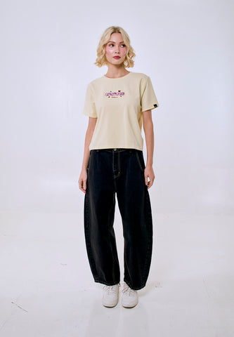 Mossimo Women's Cream  Felt Patch Logo Classic Cropped Fit Tee