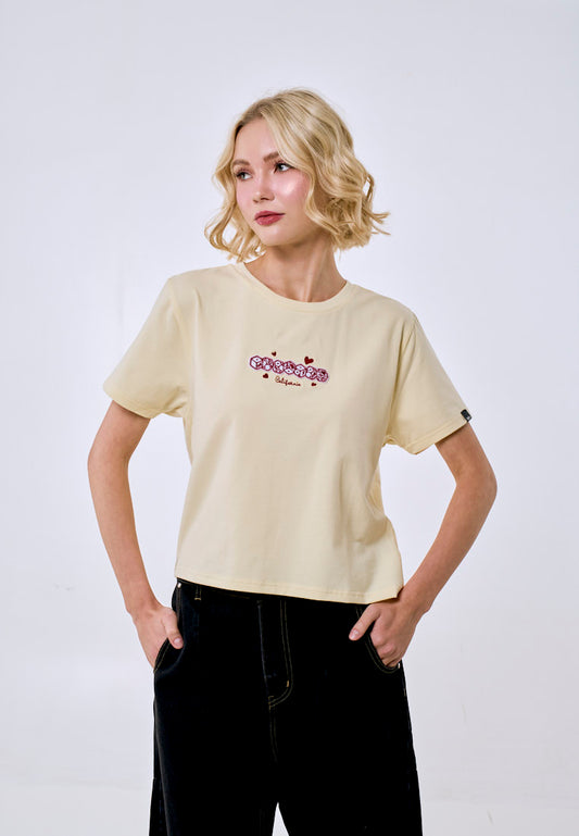 Mossimo Women's Cream  Felt Patch Logo Classic Cropped Fit Tee