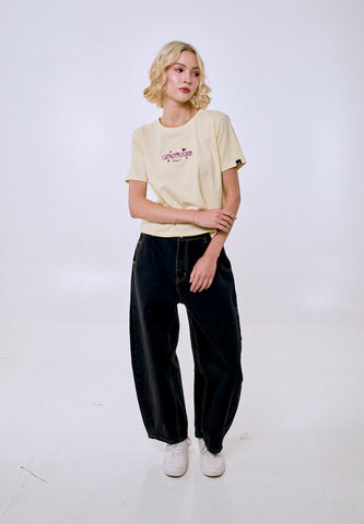 Mossimo Women's Cream  Felt Patch Logo Classic Cropped Fit Tee