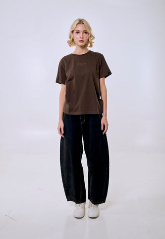 Mossimo Women's Choco Brown Tonal Embroidery Logo Classic Fit Tee