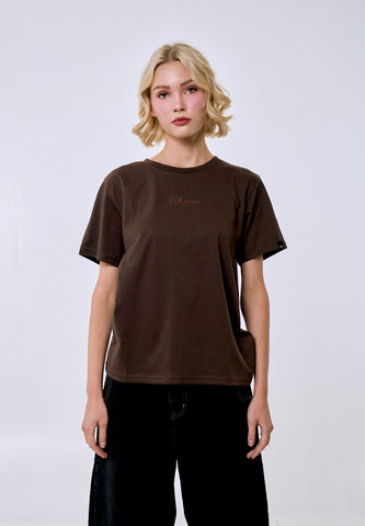 Mossimo Women's Choco Brown Tonal Embroidery Logo Classic Fit Tee
