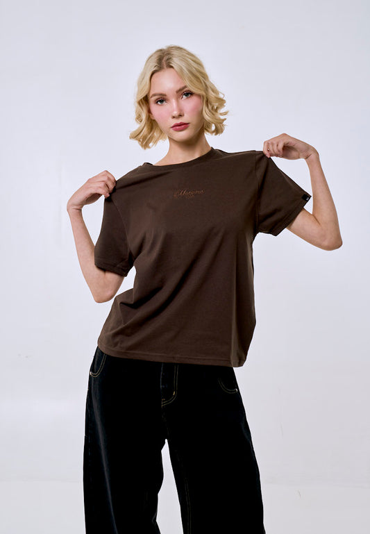 Mossimo Women's Choco Brown Tonal Embroidery Logo Classic Fit Tee
