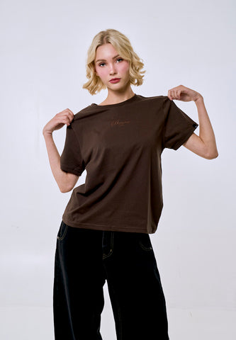 Mossimo Women's Choco Brown Tonal Embroidery Logo Classic Fit Tee