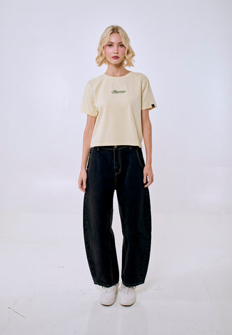 Mossimo Women's Cream Embroidered Logo Classic Cropped Fit Tee