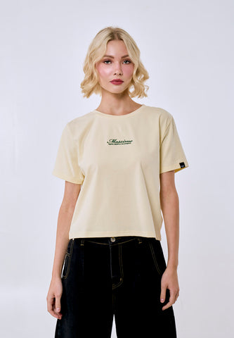 Mossimo Women's Cream Embroidered Logo Classic Cropped Fit Tee
