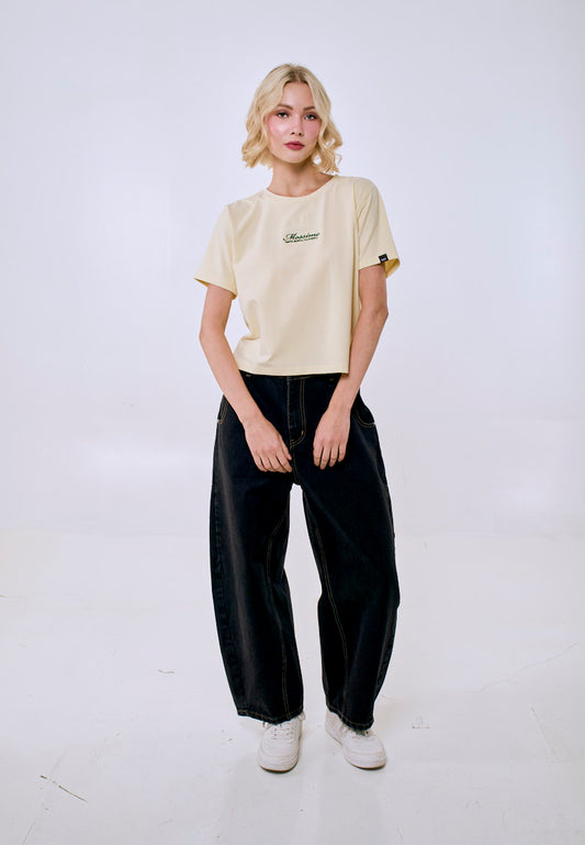 Mossimo Women's Cream Embroidered Logo Classic Cropped Fit Tee
