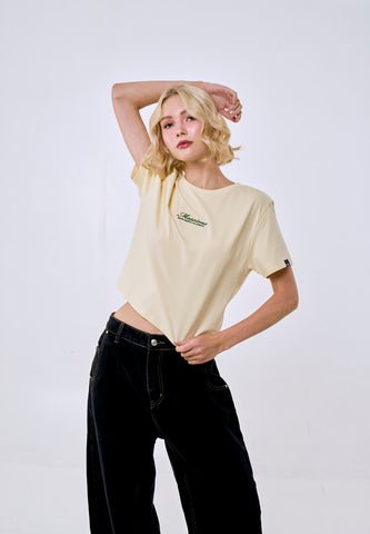 Mossimo Women's Cream Embroidered Logo Classic Cropped Fit Tee