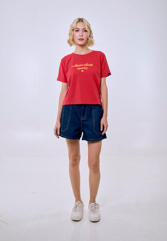 Mossimo Women's Cranberry Small Embroidered Logo Classic Cropped Fit Tee
