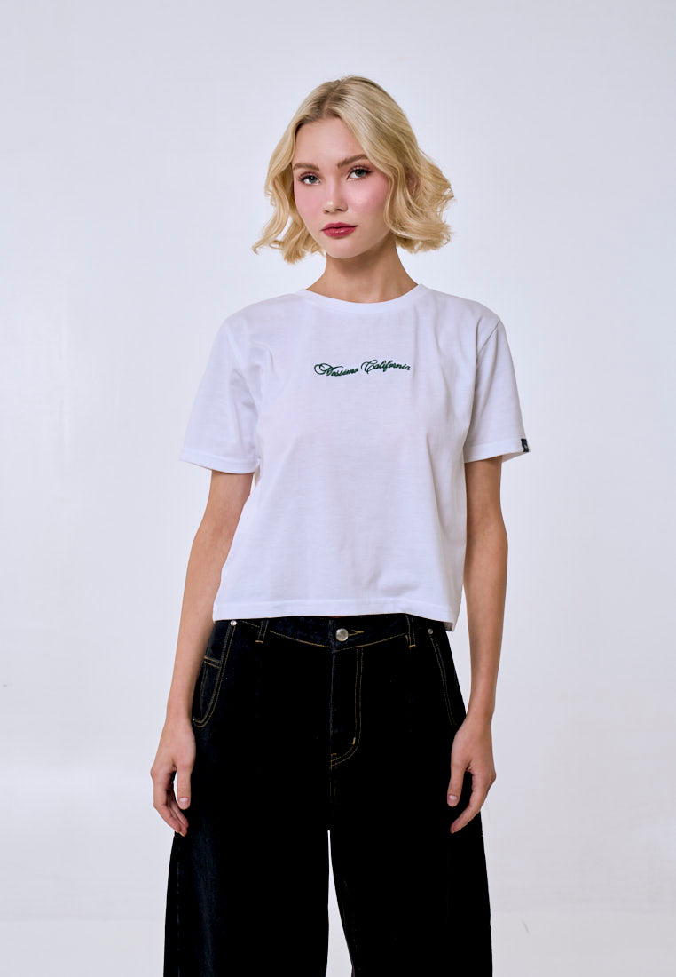 Mossimo Women's White Embroidered Logo Classic Cropped Fit Tee