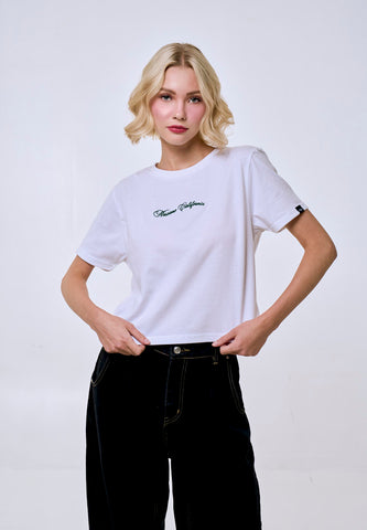 Mossimo Women's White Embroidered Logo Classic Cropped Fit Tee