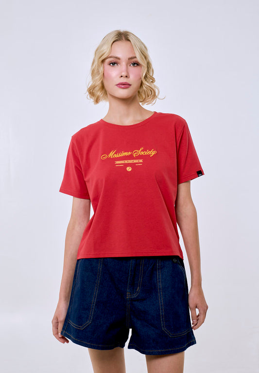Mossimo Women's Cranberry Small Embroidered Logo Classic Cropped Fit Tee