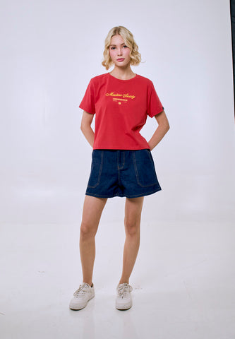 Mossimo Women's Cranberry Small Embroidered Logo Classic Cropped Fit Tee