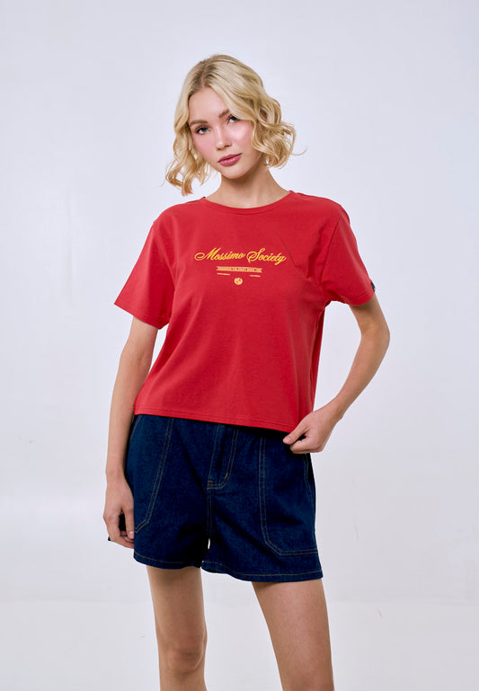 Mossimo Women's Cranberry Small Embroidered Logo Classic Cropped Fit Tee