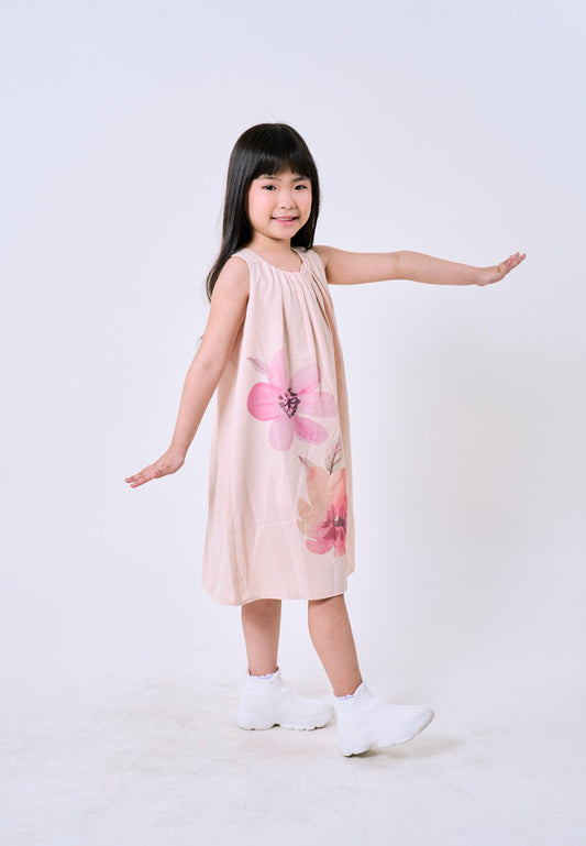 Mossimo Kids Girls Beige Pleated Watercolor Floral Sun Dress