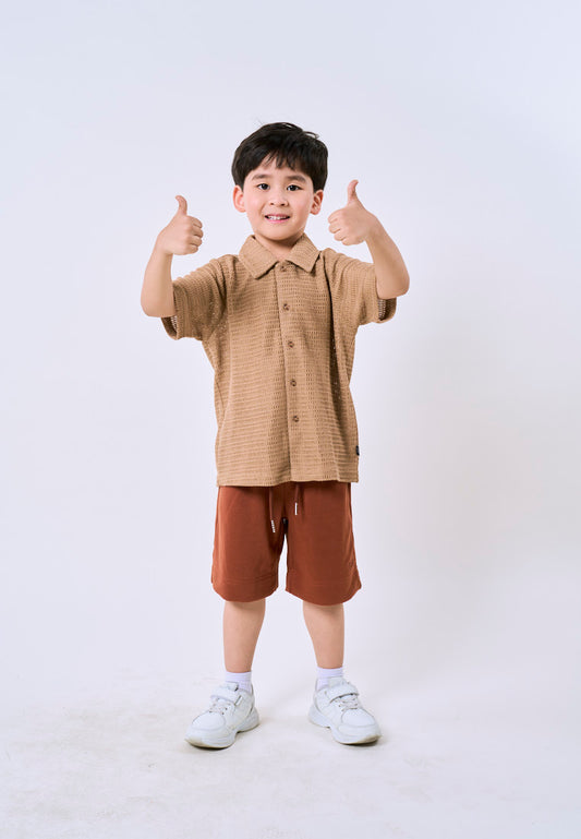 Mossimo Kids Boys' Brown Oat Boxy Textured Knit Polo & Short Set