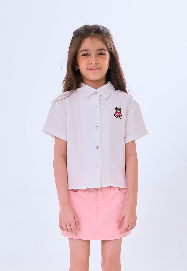 Mossimo Kids Mireille White Woven Short Sleeves Shirt w/ Bear Patch