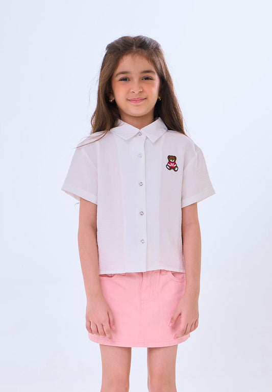 Mossimo Kids Mireille White Woven Short Sleeves Shirt w/ Bear Patch