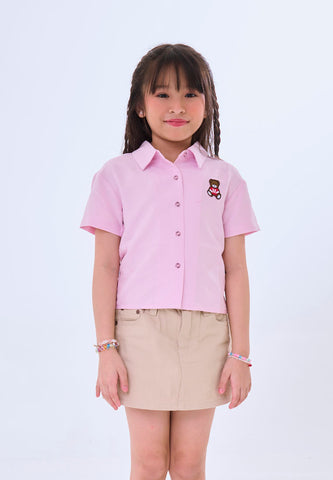 Mossimo Kids Mireille Pink Woven Short Sleeves Shirt w/ Bear Patch