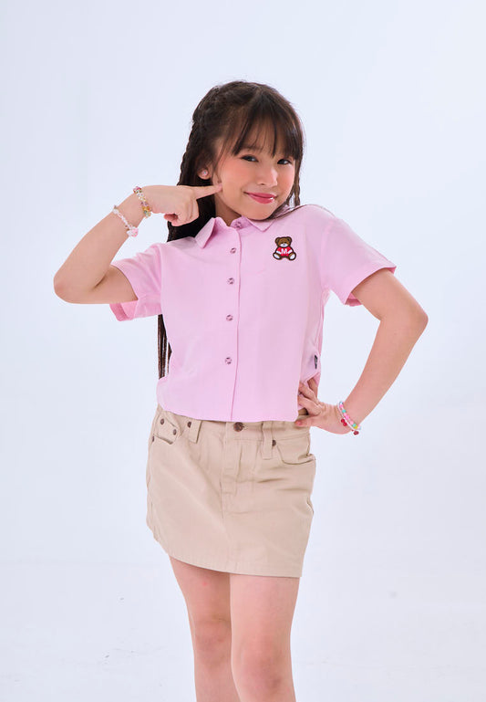Mossimo Kids Mireille Pink Woven Short Sleeves Shirt w/ Bear Patch