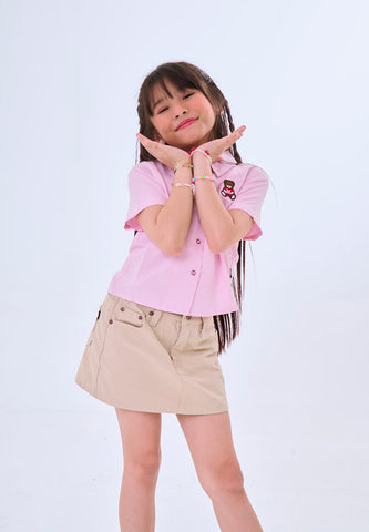 Mossimo Kids Mireille Pink Woven Short Sleeves Shirt w/ Bear Patch