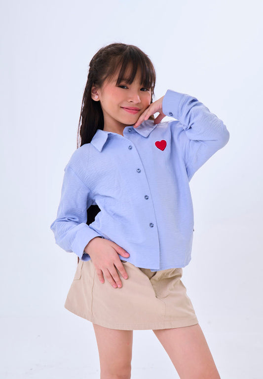 Mossimo Kids Kaori Light Blue Woven Long Sleeve Shirt w/ Heart Patch