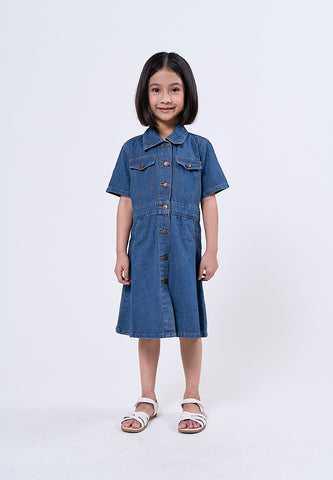 Mossimo Kids Ayen Medium Blue Flap Pocket Button Front Denim Dress