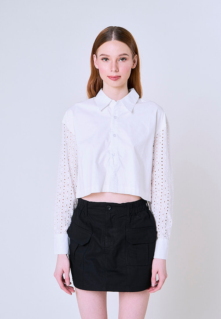 Mossimo Jewel White Cropped Polo Shirt w/ Eyelet Sleeves