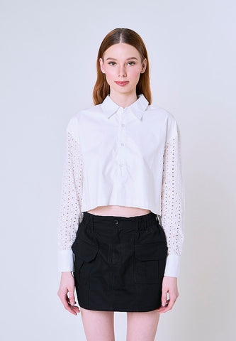 Mossimo Jewel White Cropped Polo Shirt w/ Eyelet Sleeves