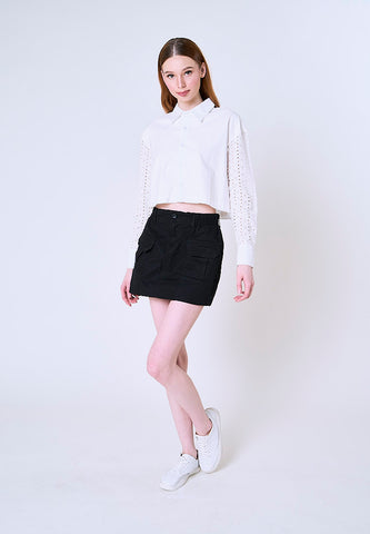 Mossimo Jewel White Cropped Polo Shirt w/ Eyelet Sleeves