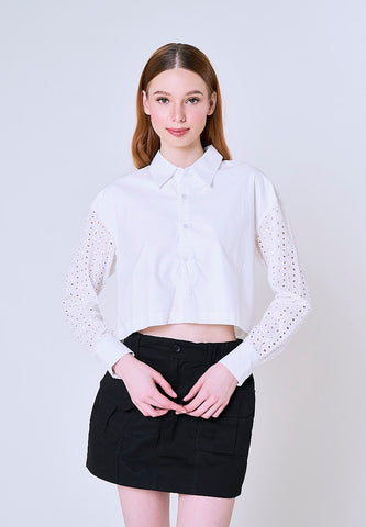 Mossimo Jewel White Cropped Polo Shirt w/ Eyelet Sleeves