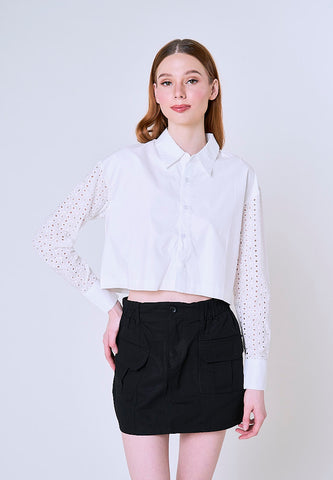 Mossimo Jewel White Cropped Polo Shirt w/ Eyelet Sleeves