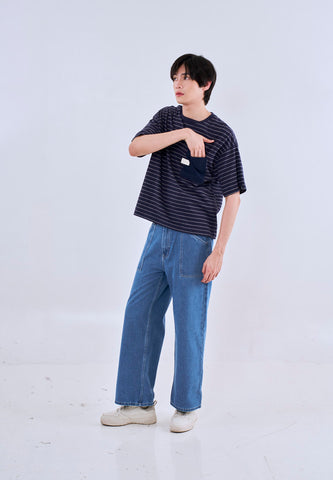 Mossimo Dalton Navy White Cropped Loose Fit Tee Round Neck For Men