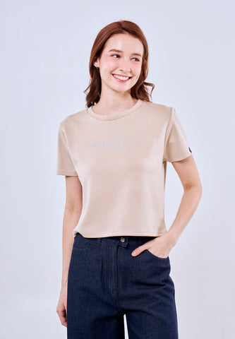 Mossimo Brown Classic Cropped Fit Tee w/ Studs Premium Round Neck For Women