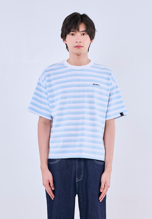 Mossimo Arlo Blue White Cropped Loose Fit Tee  Premium Round Neck For Men