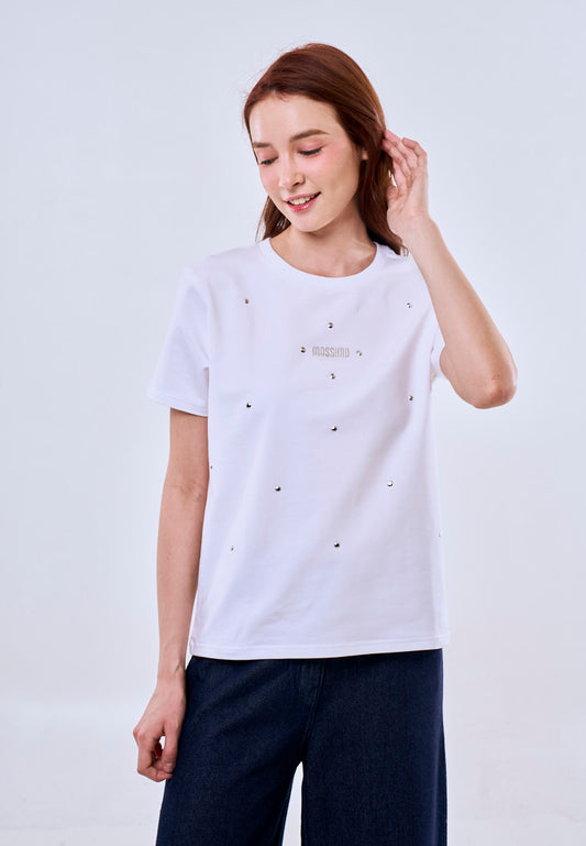 Mossimo White Classic Fit Tee w/ Studs Premium Round Neck For Women