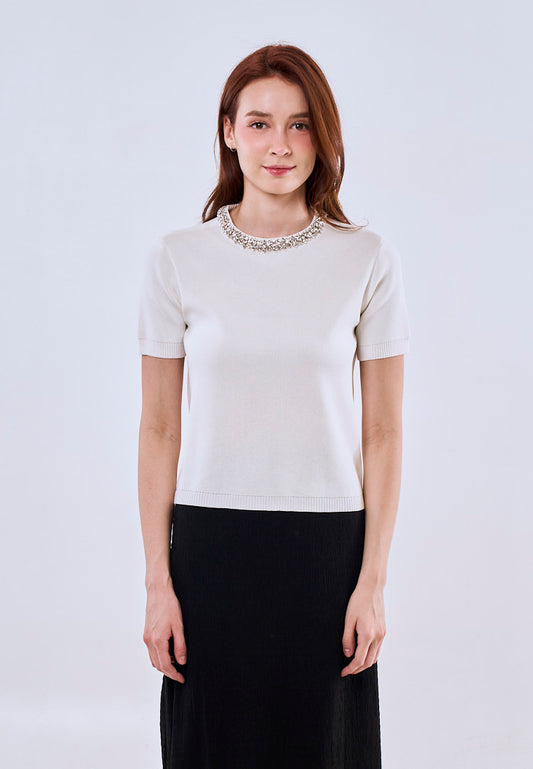 Mossimo Women's Off White Knitted Croptop with Rhinestone Detail