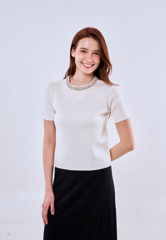 Mossimo Women's Off White Knitted Croptop with Rhinestone Detail